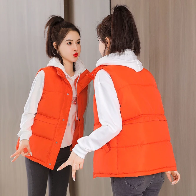 2023 Autumn Winter Women Solid Loose Vest Stand Collar Long Vest Jacket Cotton Padded Women Windproof Warm Waistcoat Blue