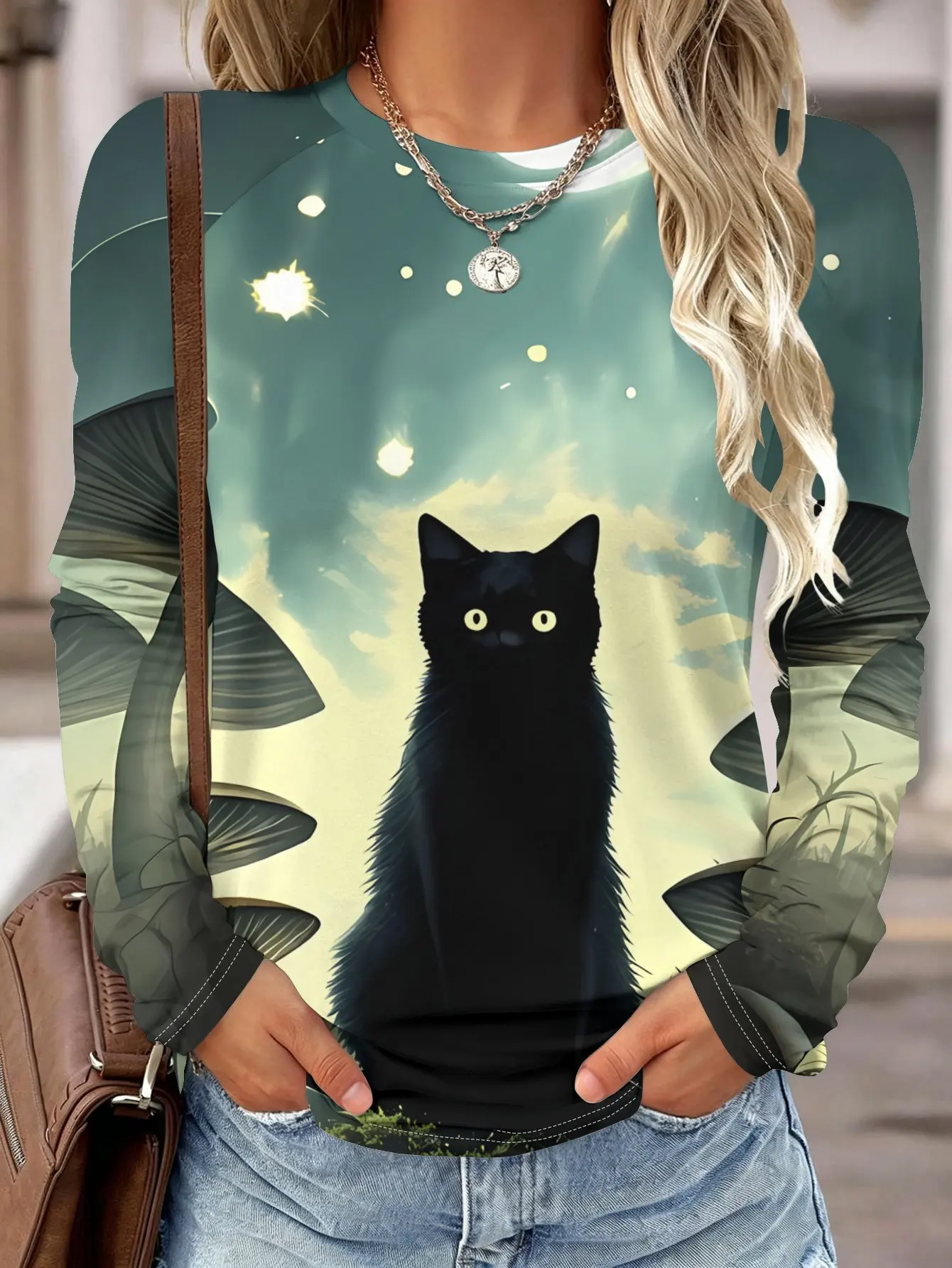 Women Long Sleeve Shirt Pocket Cat 3D Effect Print Round Neck Raglan Casual Fall Tops Women's Clothes view 2