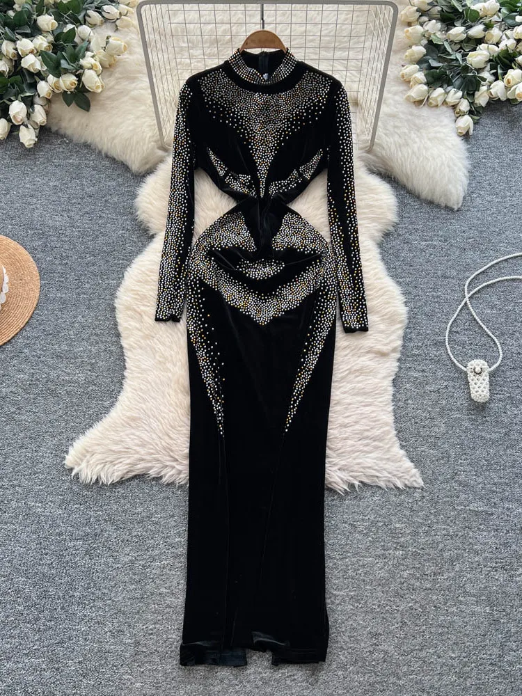 Robe de soirée longue en velours pour femme, ornée de diamants, effet amincissant, coupe enveloppante, taille haute, jupe trapèze