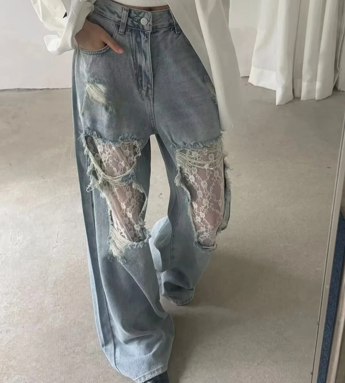 

Wide Leg Pants Jeans Women Lace Hole Denim High Waist Distressed Washed Streetwear Loose Trousers Vintage Floor Length 2025