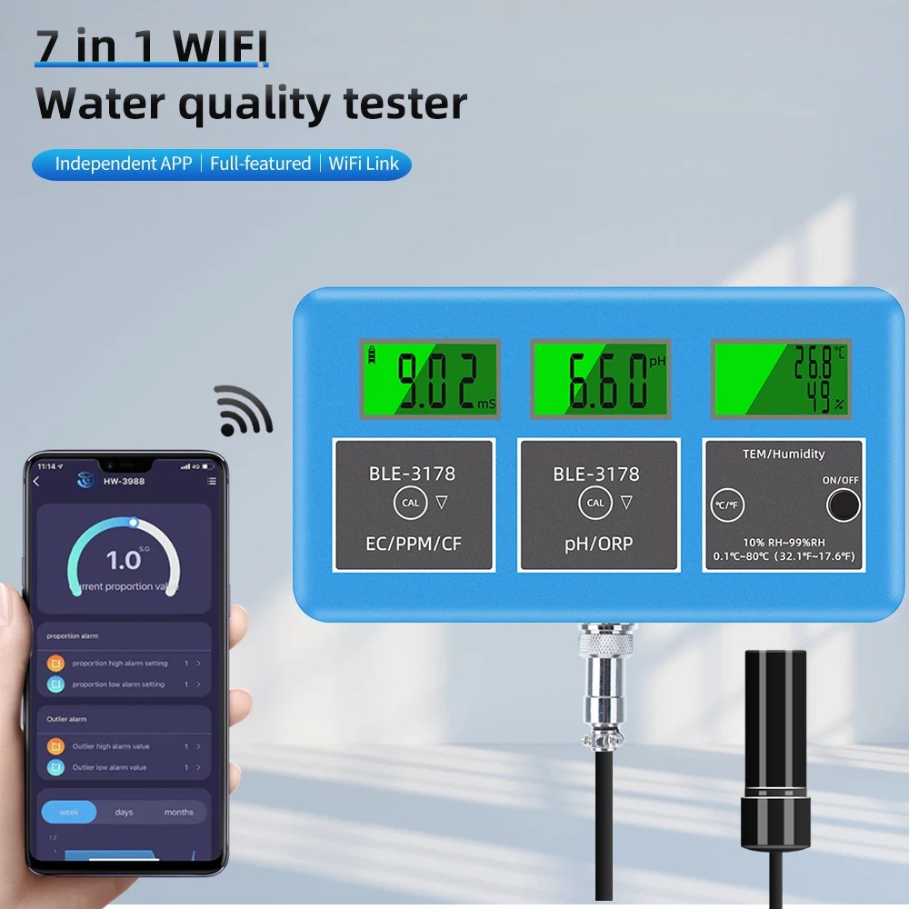 Wifi 7 in 1 Water Quality Tester PH ORP TDS EC CF Теmp Humidity Meter Aquarium Online Analyzer Blue-tooth Water Analyze Monitor