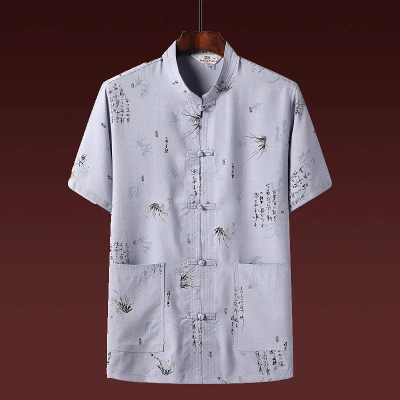 

Gray Tang Suit Traditional Chinese Clothing for Men Short Sleeve Shirt Vintage Kung Fu China Top Embroidery Clothes