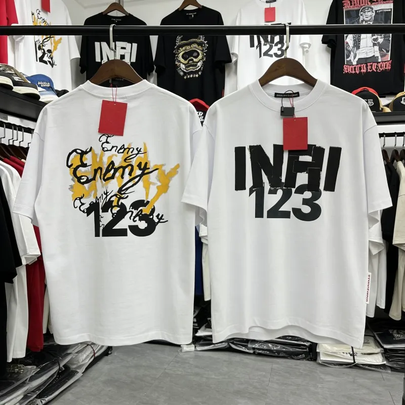 T-shirts oversize d'été RRR123, impression offset, style vintage, effet déchiré, lettres noires, manches courtes, pour hommes et femmes, tenue de rue