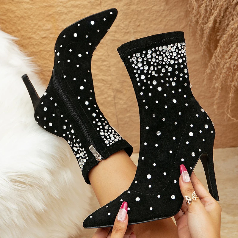 

High Quality Women's Shoes Fashion Sexy Crystal Woman Ankle Boots Pointed Toe Side Zipper High Heels Women Boots Botas De Mujer