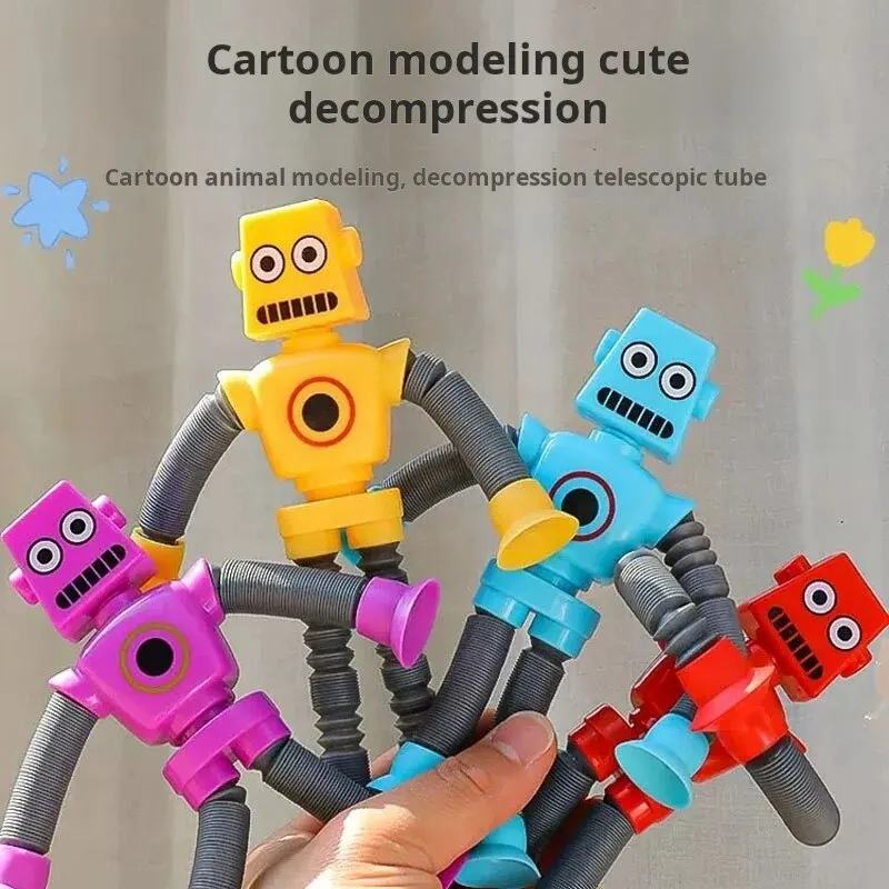 5pcs Versatile Suction Cup Robot Telescopic Tube Cartoon Stretching Tube Puzzle Novel Decompression Toy,Random Colors