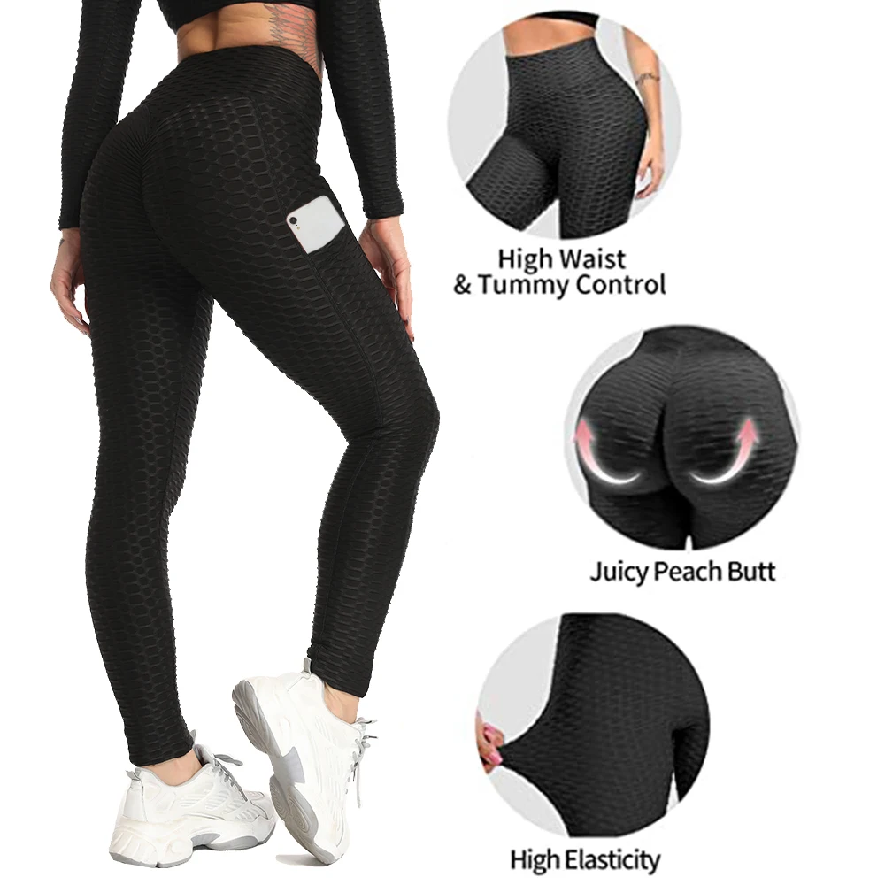 High Waist Yoga Pants Fitness Women Stretch Honeycomb Leggings with Pockets Gym Workout Jogging Cycling Tights Female Clothing