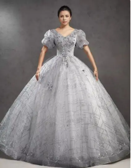 silver grey beading bubble sleeve ball gown court medieval dress renaissance Gown queen Victorian /Marie/drama/