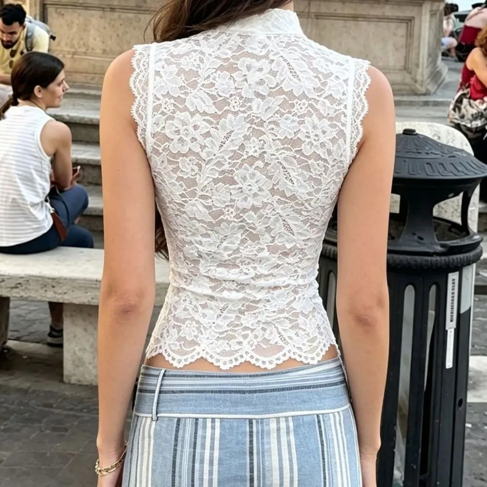Tanktop Slim Fit Spitzen-Crop-Top Stehkragen Ausgeschnittenes Ärmelloses Top mit Froschknöpfen Sommer Y2K Mädchen-Oberteil Streetwear – Detail 3