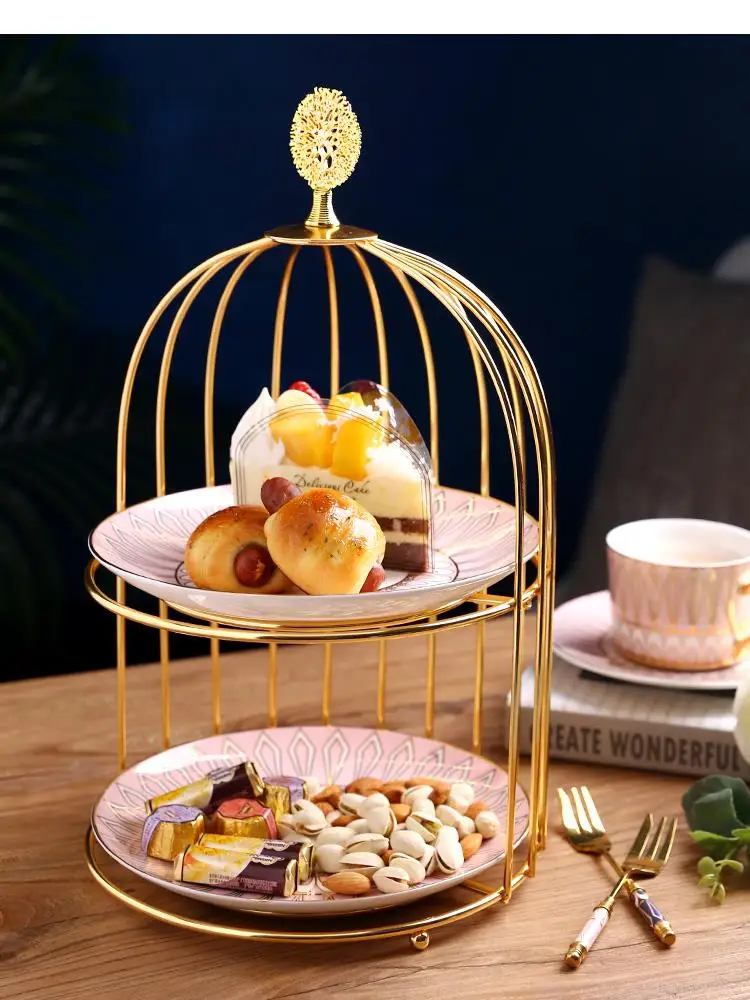 Double-layer Metal Bird Cage Cake Stand Ceramic Fruit Plate Home Exquisite Sweets and Dessert Kitchen Decoration