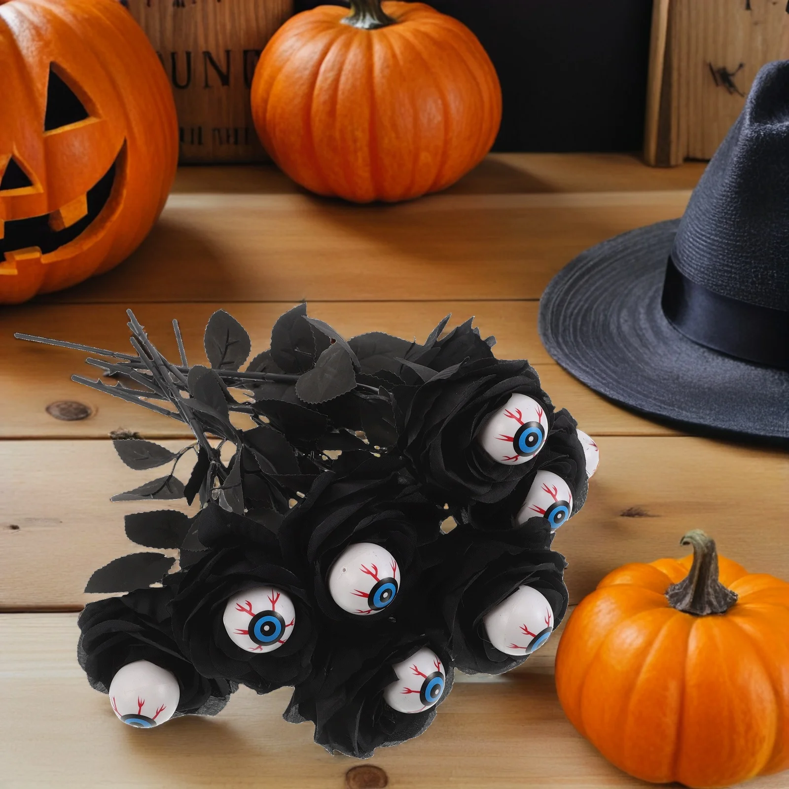 

10pcs Halloween Decoration Fake Black Roses Faux Eyeballs Spooky Floral Bouquet for Indoor Outdoor Party Garden