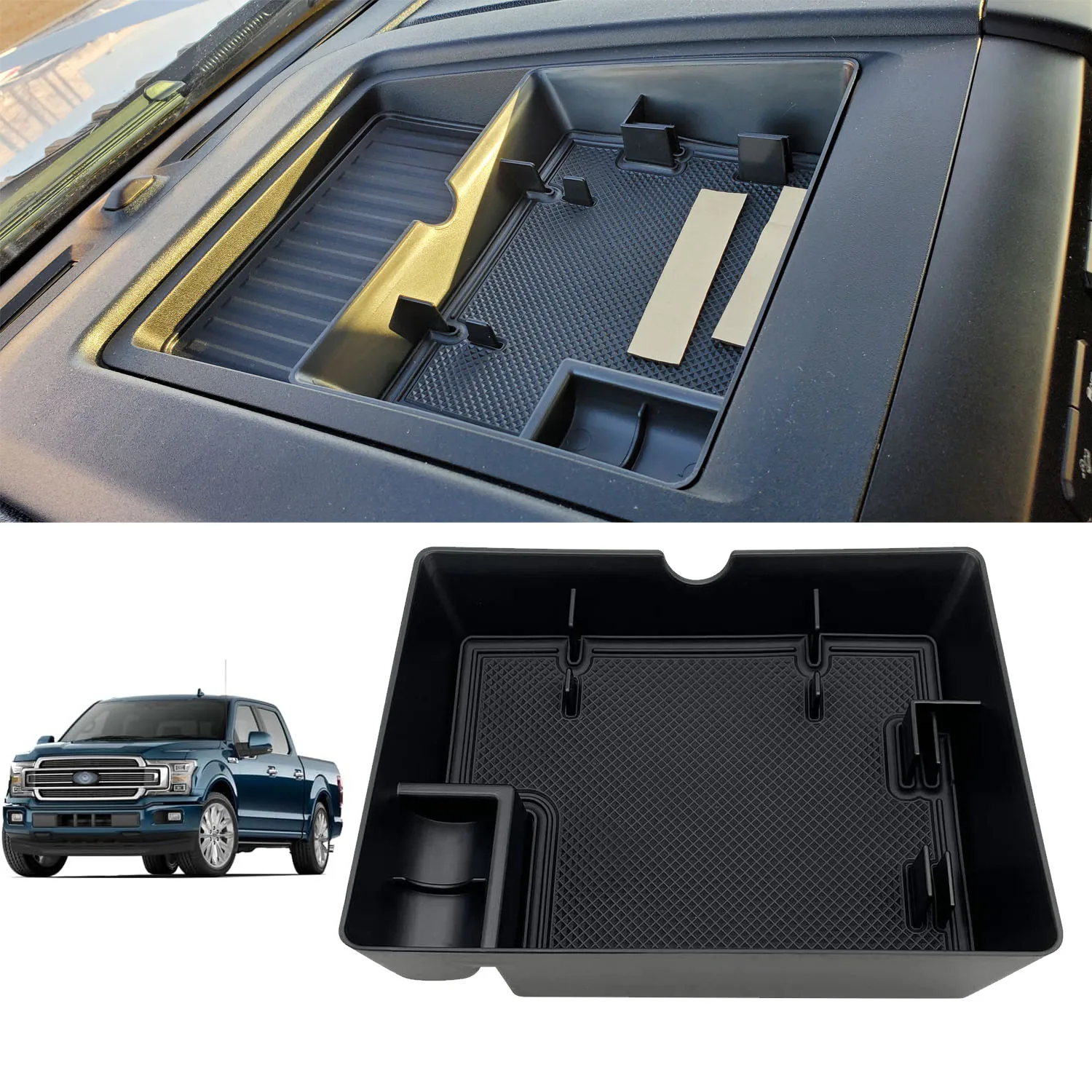 لوحة سيارة درج منظم لفورد F150 2015-2020 وحدة التحكم المركزية الأمامية داش إدراج حامل هاتف صندوق تخزين العملات المعدنية #2