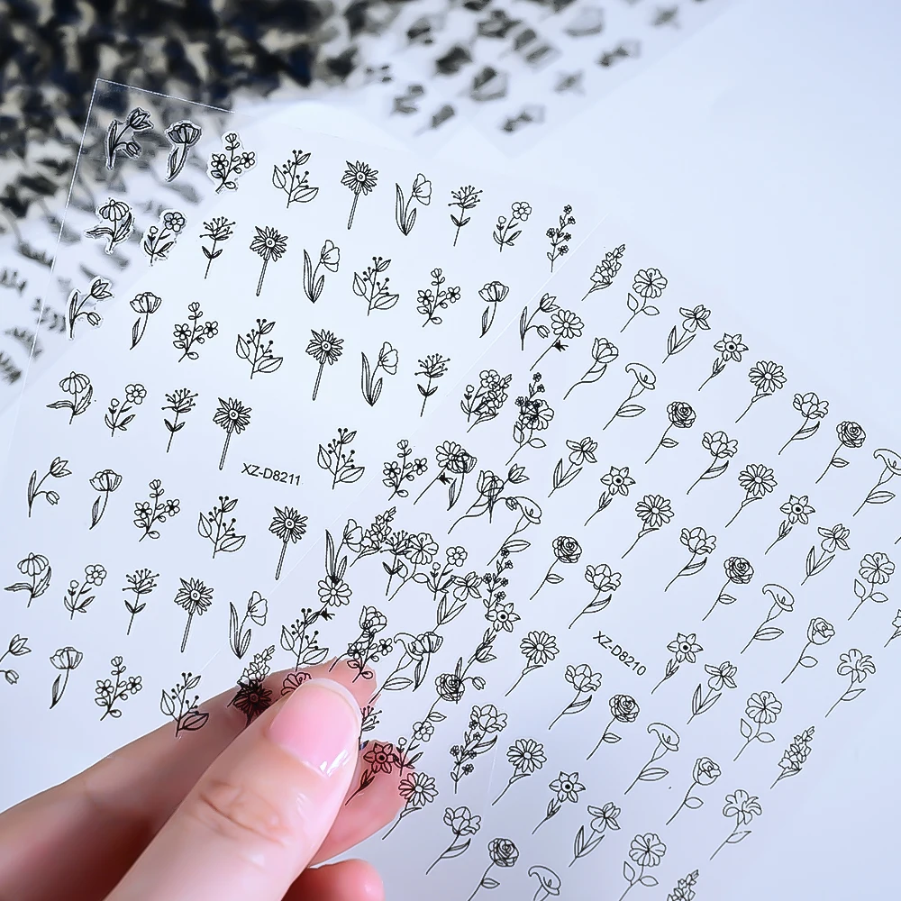 Autocollants floraux noirs pour Nail Art, 12 pièces, feuilles d'herbe de palmier et dessins floraux, décalcomanies pour Nail Art, motifs de fleurs rétro élégants, fournitures pour ongles