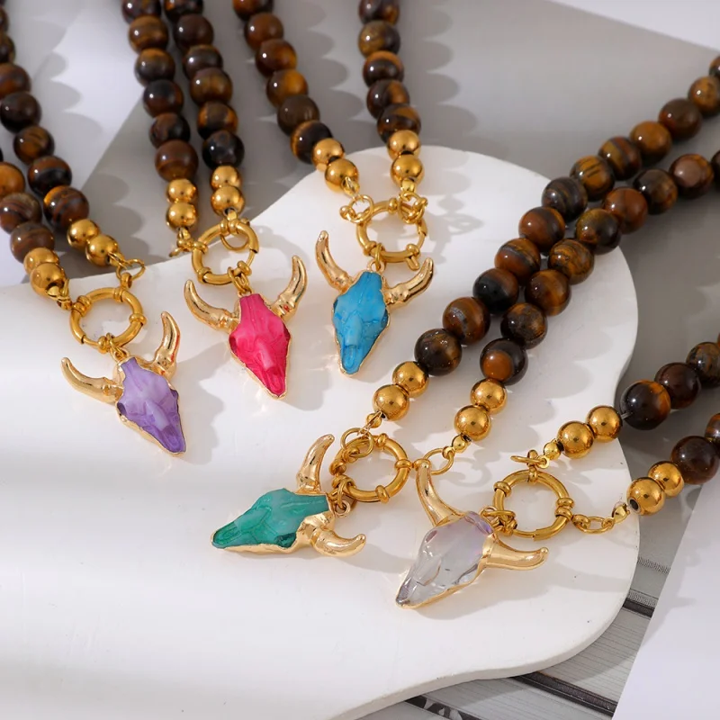 Natural Tiger Eye Stone Beaded Crystal Bull Head Pendant Wheel Buckle Necklace