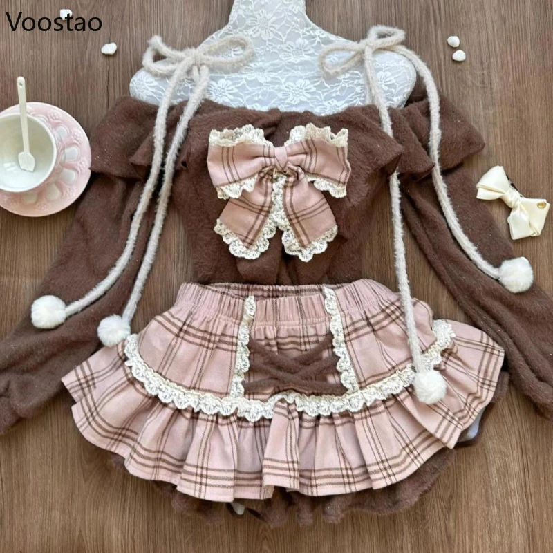 Japanese Fashion Sweet Lolita 2 Piece Sets Women Retro Brown Tops Fluffy Cake Skirt Female Off Shoulder Kawaii Slim Vintage Suit