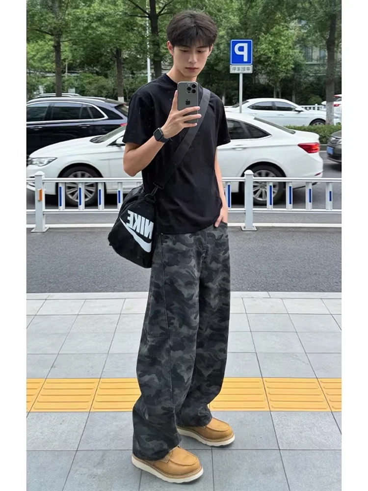 

Retro American Camouflage Wide Leg Jeans Men's Faion Brand Haome Vibe Loose Workwear Trousers Youthful Casual Sle