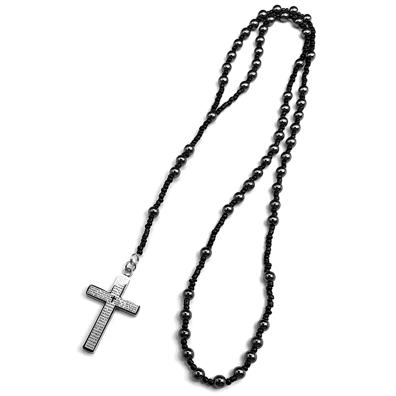 

Christian Bible Cross Pendant Chain For Women Men Stainless Steel Black Rosary Beaded Gold Color Long Necklaces Prayer Jewelry