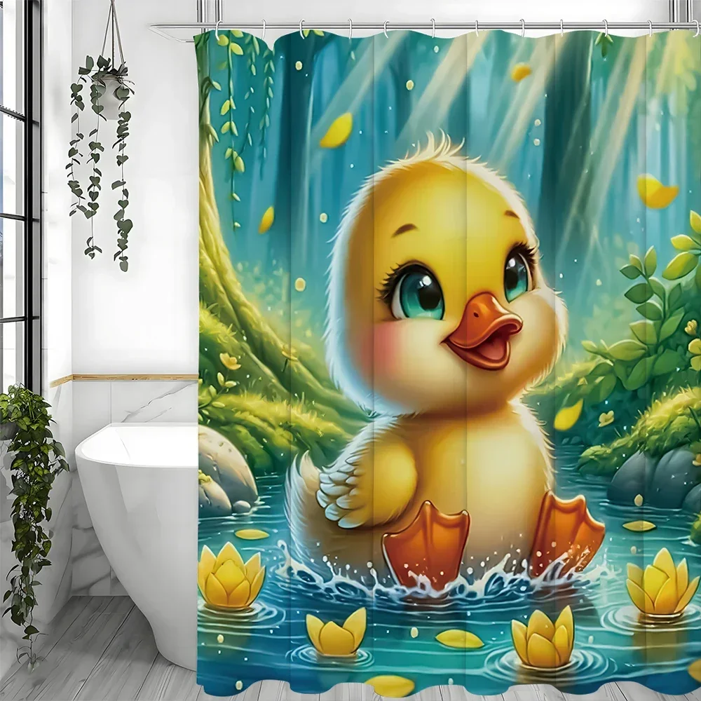 

Cartoon cute yellow duck shower curtain, bathroom decorative shower curtain, waterproof shower curtain with hooks Multiple sizes