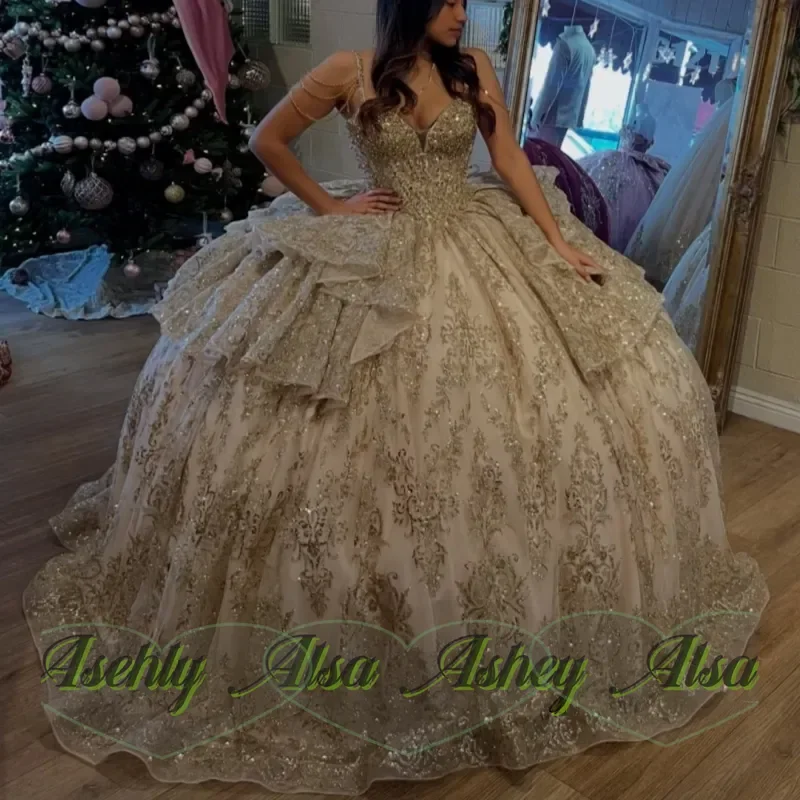 Champagne Shiny Quinceanera Dresses Off The Shoulder Lace Bead Bow Tull Corset Party Birthday Sweet 16 Dress Vestidos 15 De Anos