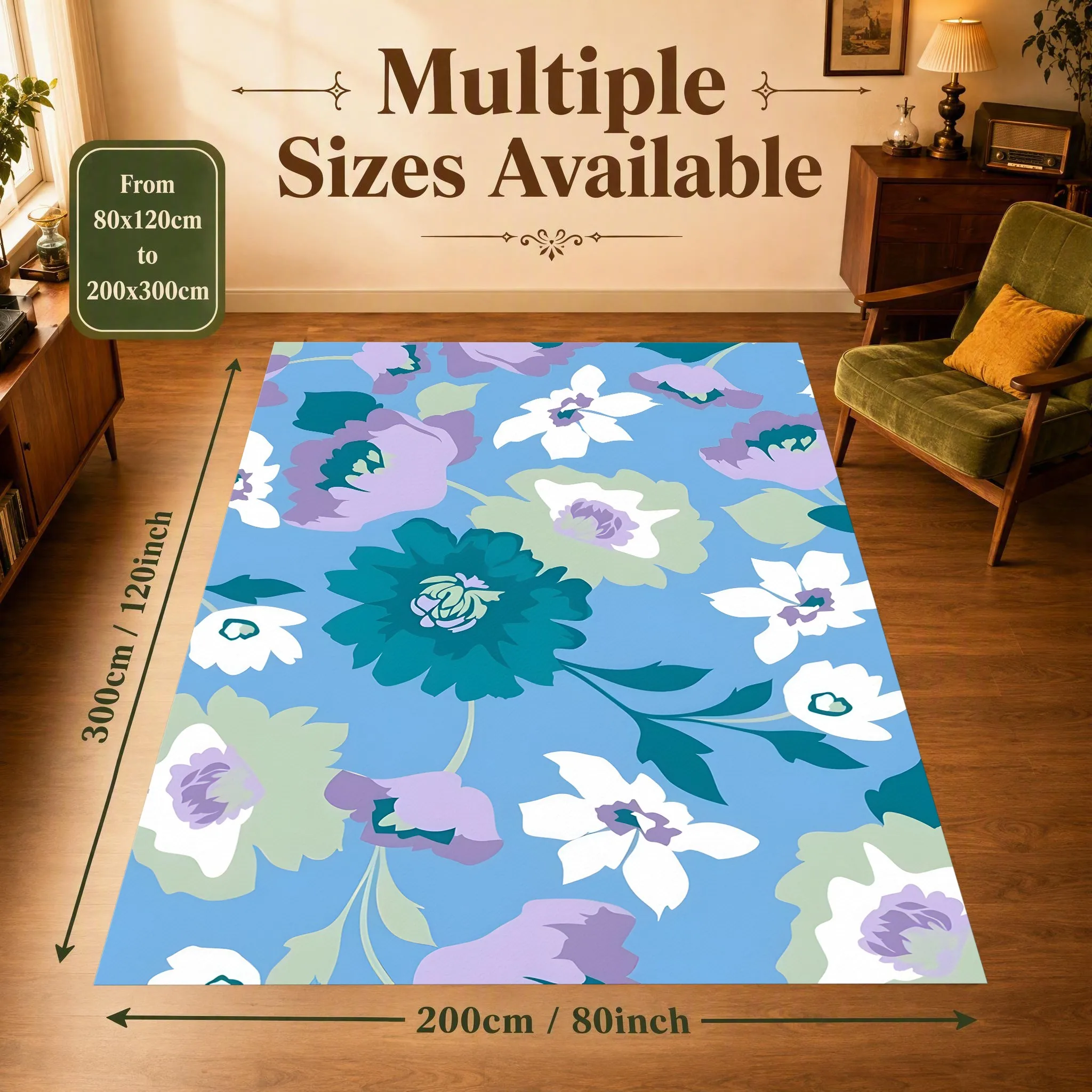 Large Area Rug with Blue Background and Fresh Floral Pattern, Gentle Korean Style, for Living Room Bedroom