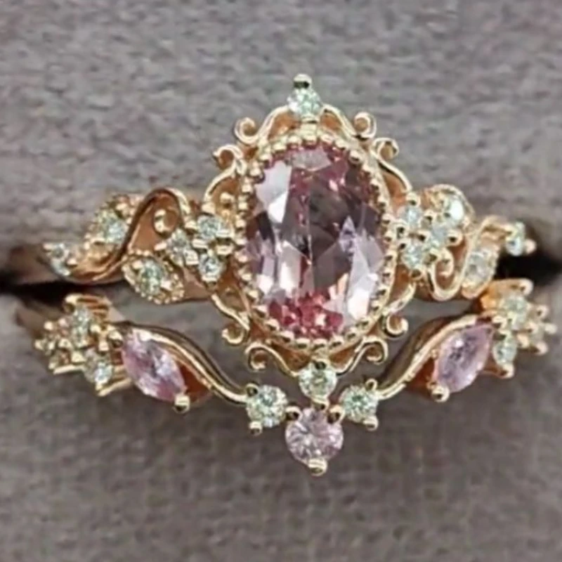 Luxury Pink Zircon Oval Simulated Gemstone Floral Ring Women Vintage Rose Gold Color Wedding Ring Bride Jewelry Engagement Gift