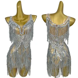 Luxury Party Cocktail Short Dresses for Women Sexy Mesh Rhinestones Sequins Tassel Dresses Performance Singer Costume Muyuye