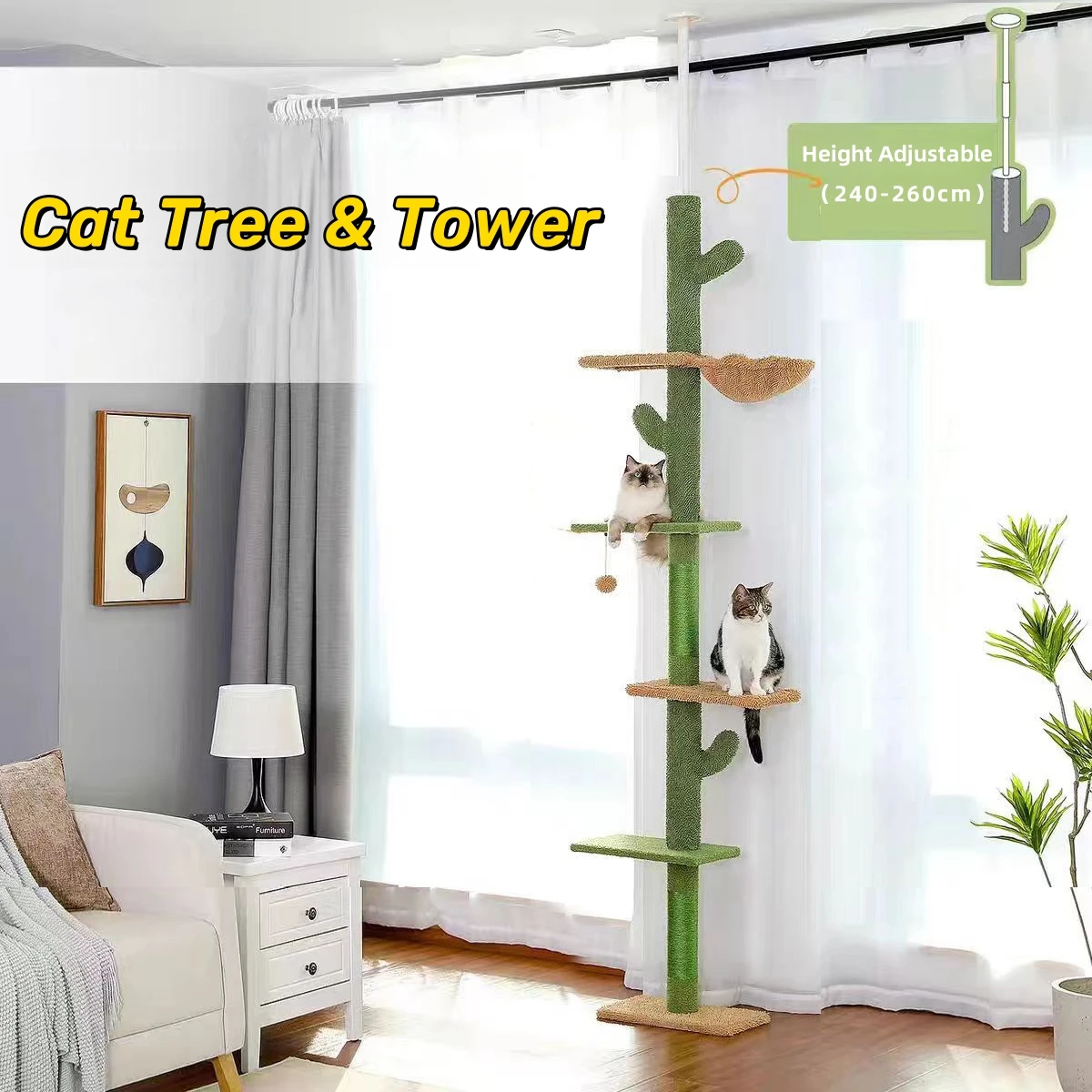 

260cm Adjustable Cat Tower Cat Tree House With Scratching Posts And Multiple Platforms for Climbing, Jumping And Lounging