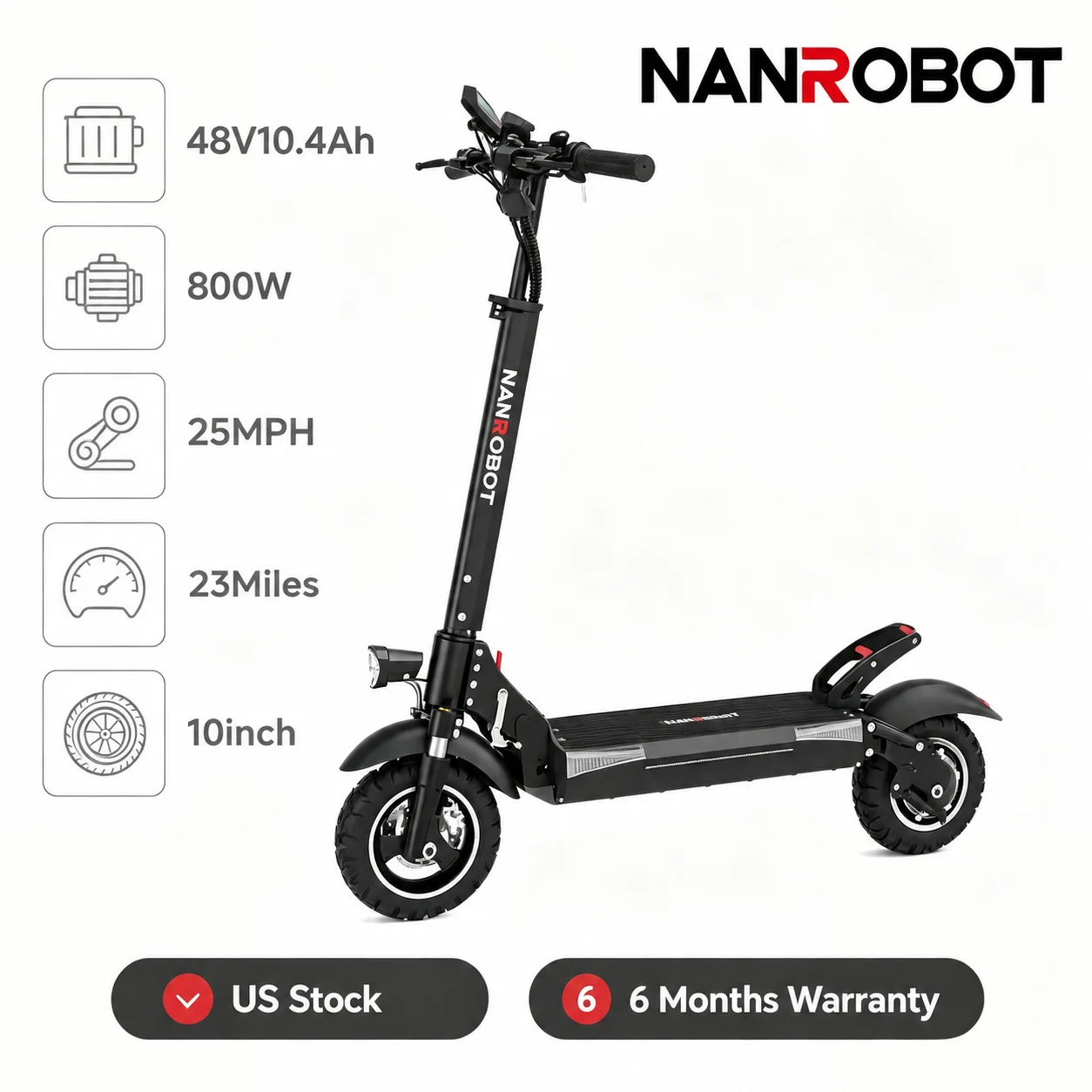 NANROBOT T1 Scooter, Adult and Teenager Model, High Speed, Long Battery Life, Quick-Folding, Waterproof Commuter and Sports Scooter, 10-inch Off-Road Tires, 265-pound Load Capacity