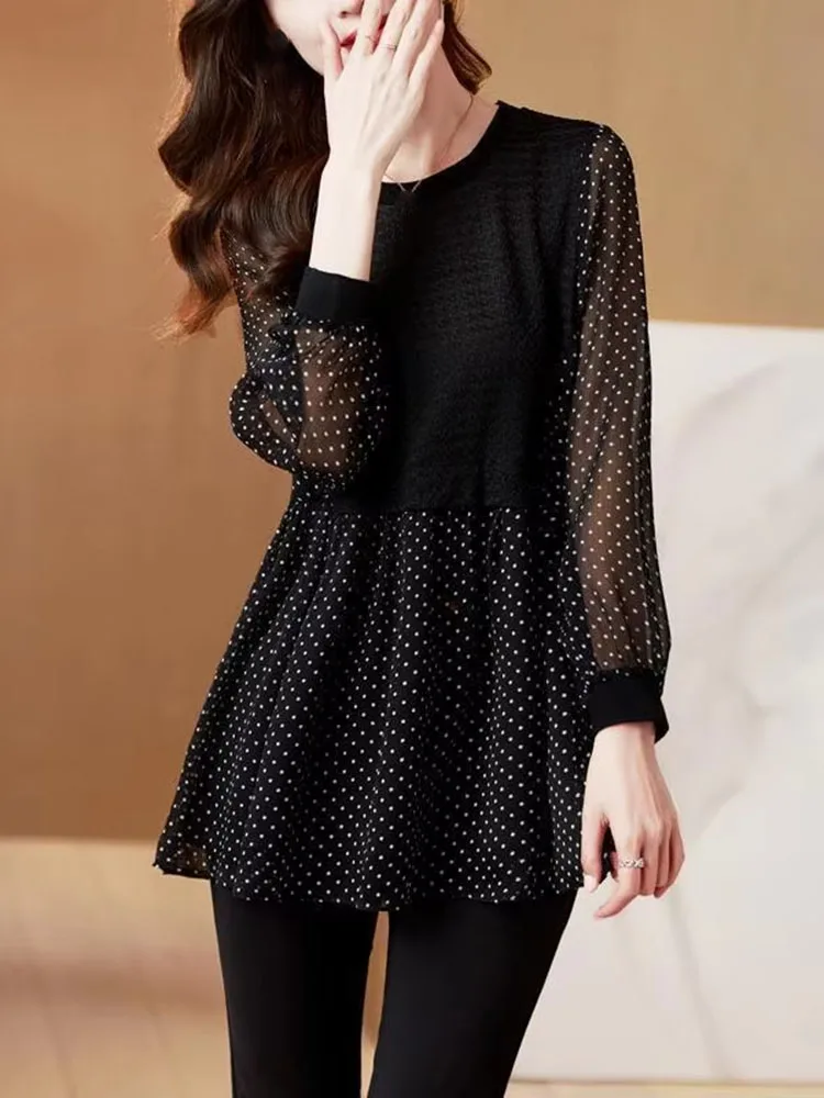 Black Polka Dot Chiffon Blouse Women Elegant Loose Fit Tops Vintage Spring Autumn Casual Office Lady Base Shirt 2026 New