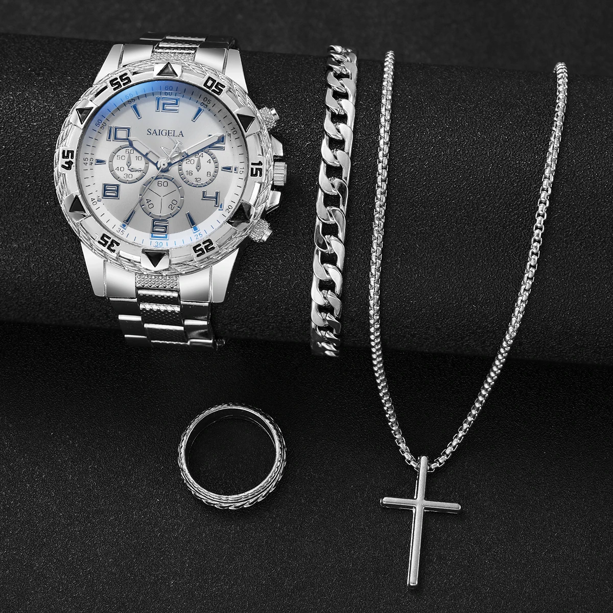 4pcs/set Fashion Men\'s Watches Silver Steel Band Male\'s Quartz Watch Jewelry Set (Without Box)