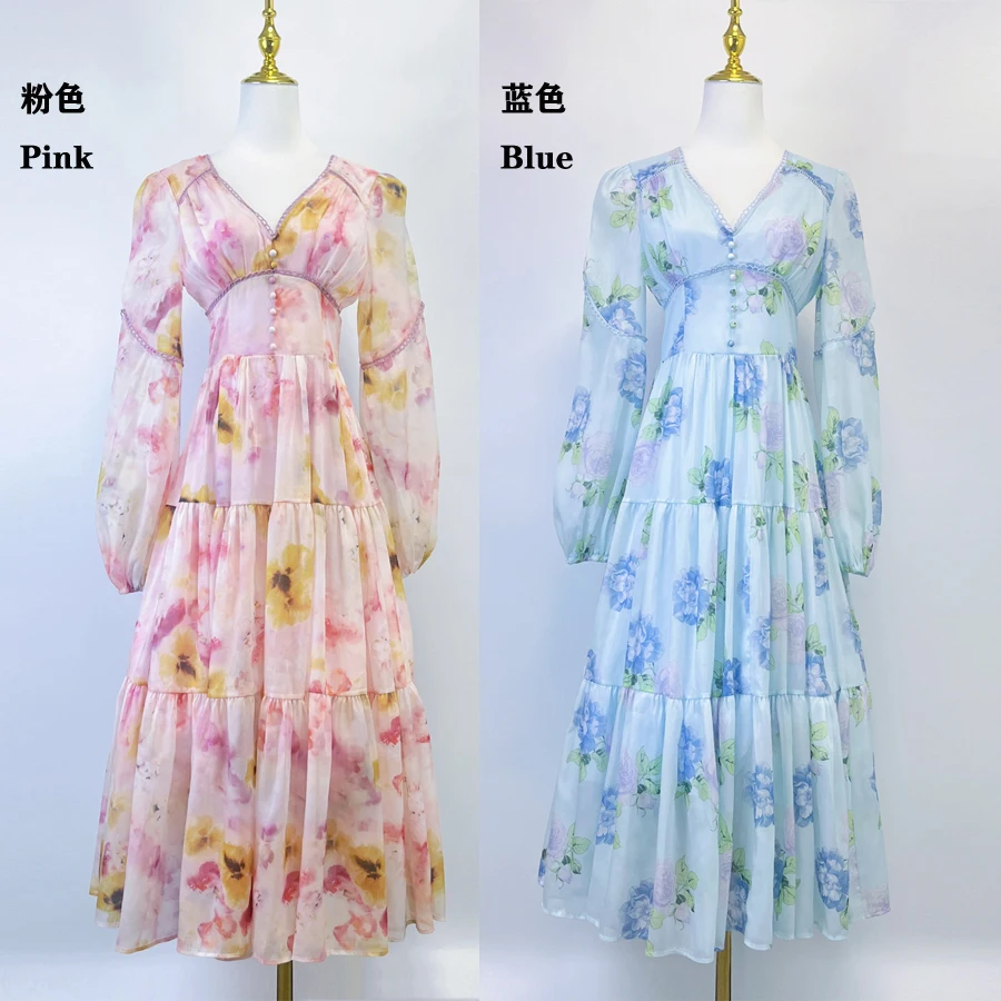French Fashion Women V Neck Flower High Waist Long Dress New Autumn Pink Floral Print Chiffon Lantern Sleeve Holiday Maxi Robe