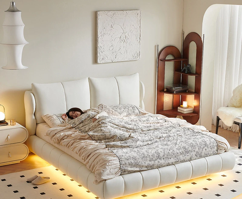 Suspension bed with lamp tpye luxury simple French cream wind leather bed double master bedroom high box storage puff bed