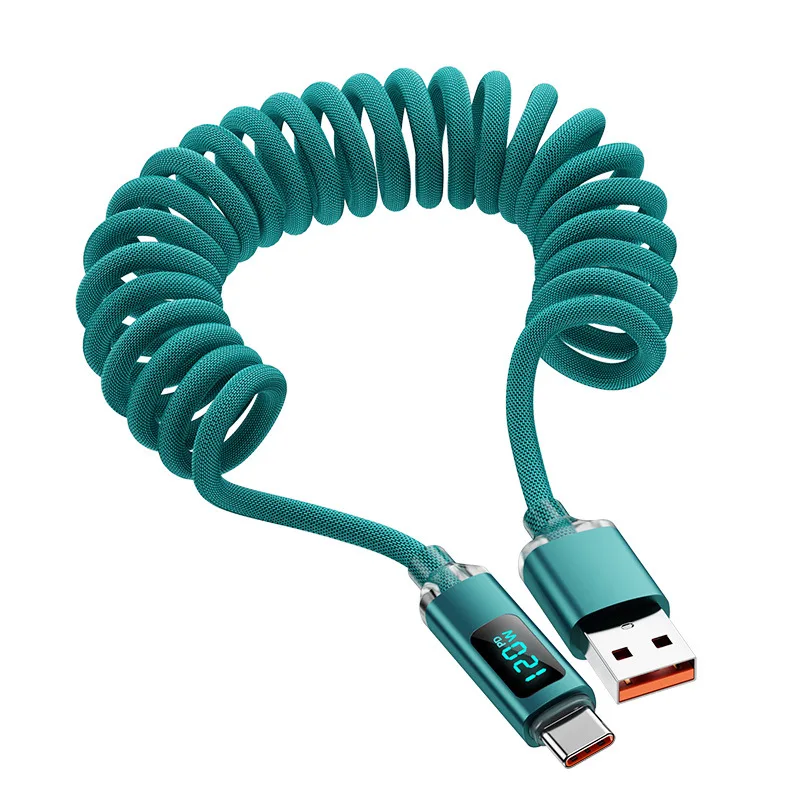 2M Coiled USB A to Type C Cable 120W PD Fast Charging LED Power Display Nylon Braided Retractable Spring Charger Cord for Xiaomi