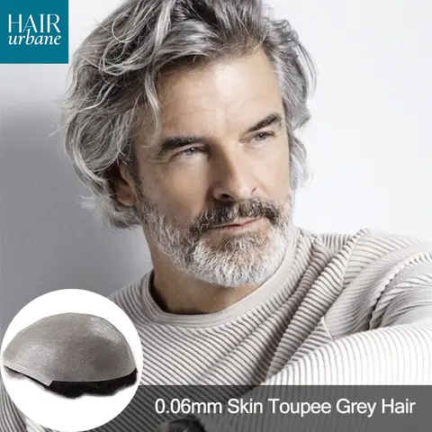 0.06mm 풀 스킨 남성 가발 쓴 100% 인간의 모발과 회색 머리 남성 모발 교체 시스템