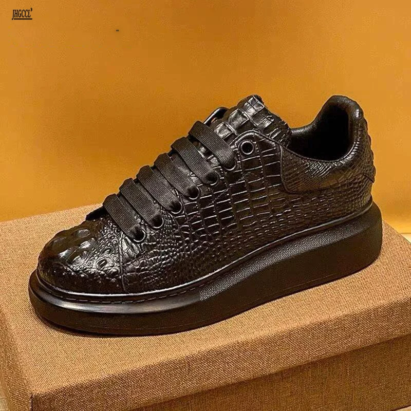 

New summer crocodile print black men's breathable shoes running casual sports board shoes natural cowhide soft sole shoes A3
