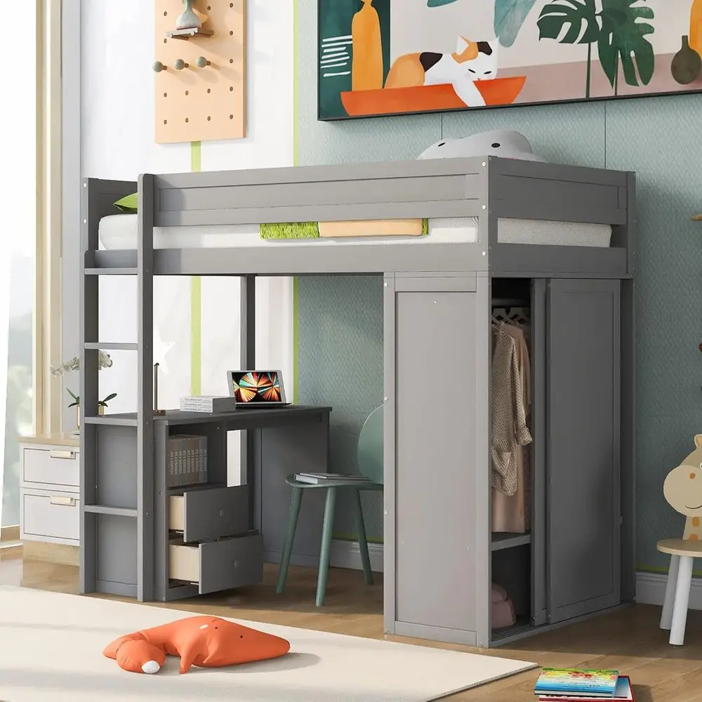 

Twin Size Solid Wood Loft Bed with Wardrobes and Desk, Storage Drawers, Suitable for Kids, Teens, and Adults (Gray)