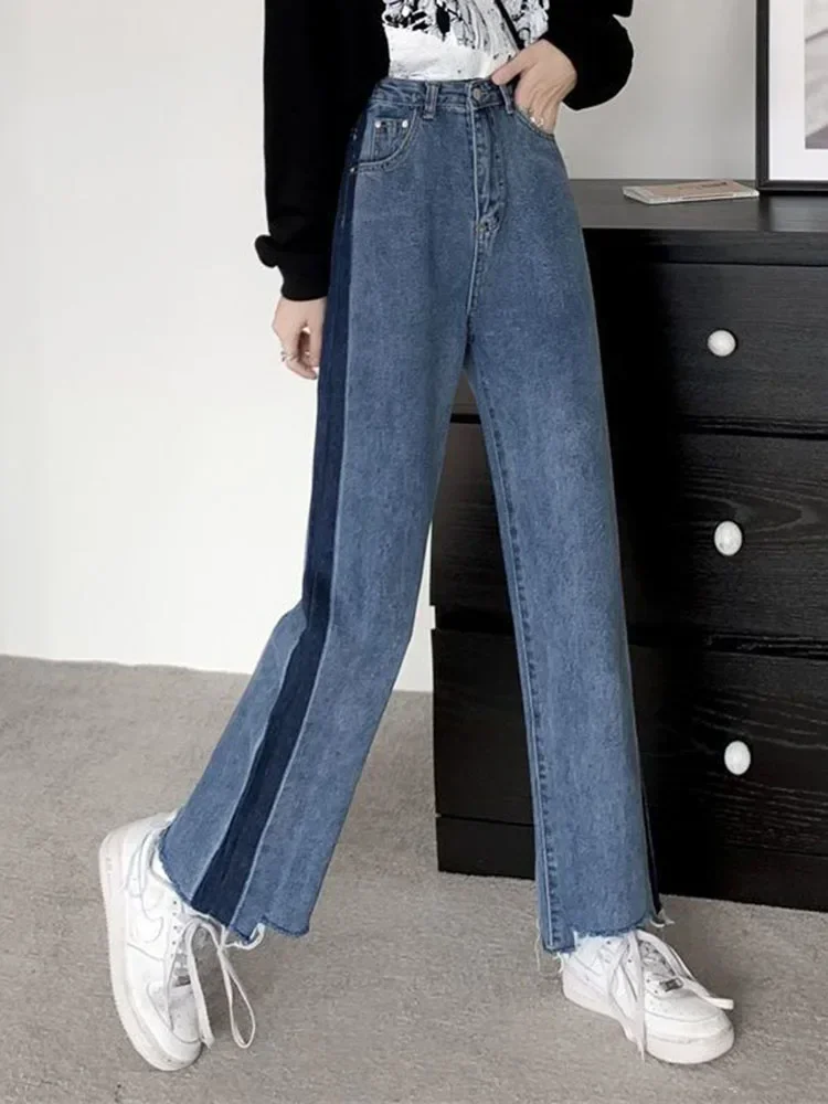 

Korean Ankle Length New Kot Pantolon Hight Waist Side Stripe Straight Jeans Baggy Big Size 5xl Wide Leg Denim Pants Spring XQ132