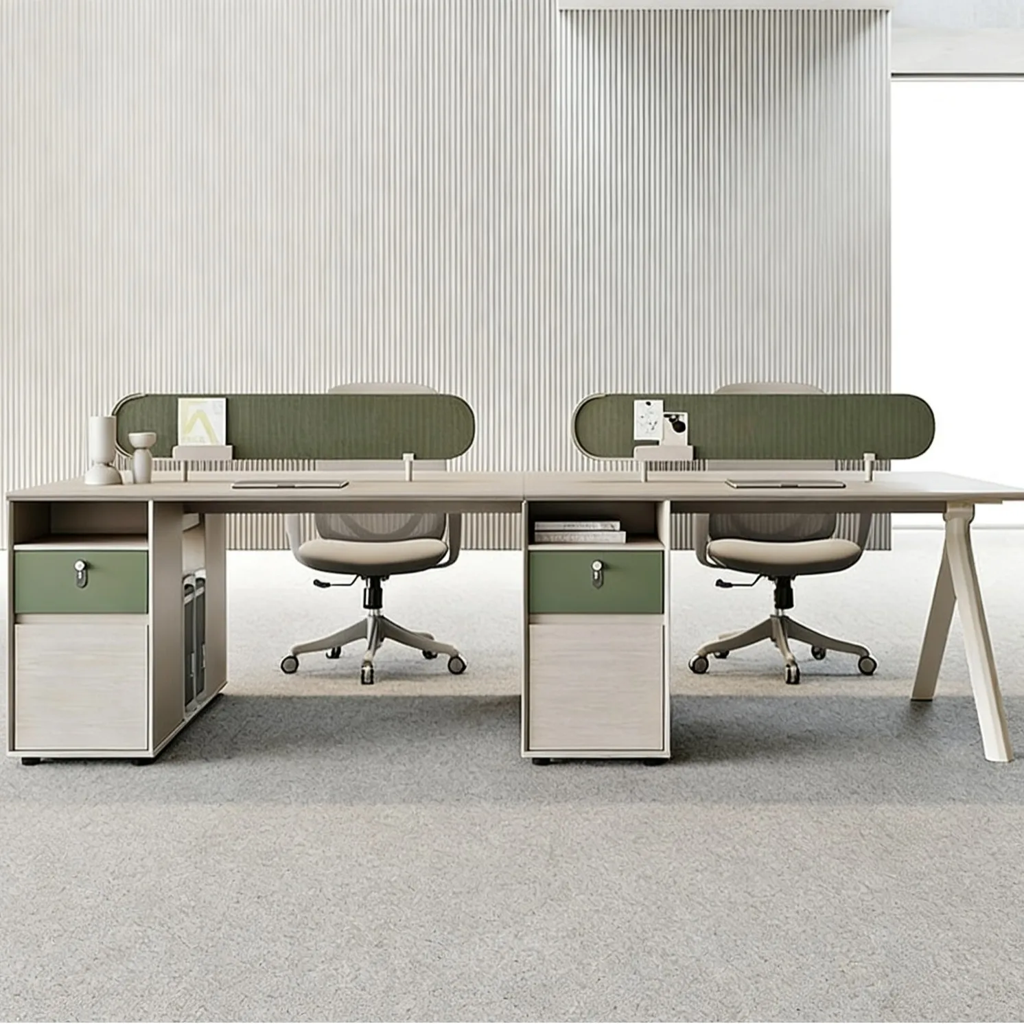 Staff desk, minimalist modern office desk and chair combo, staff station, office furniture, multi-person screen workstation