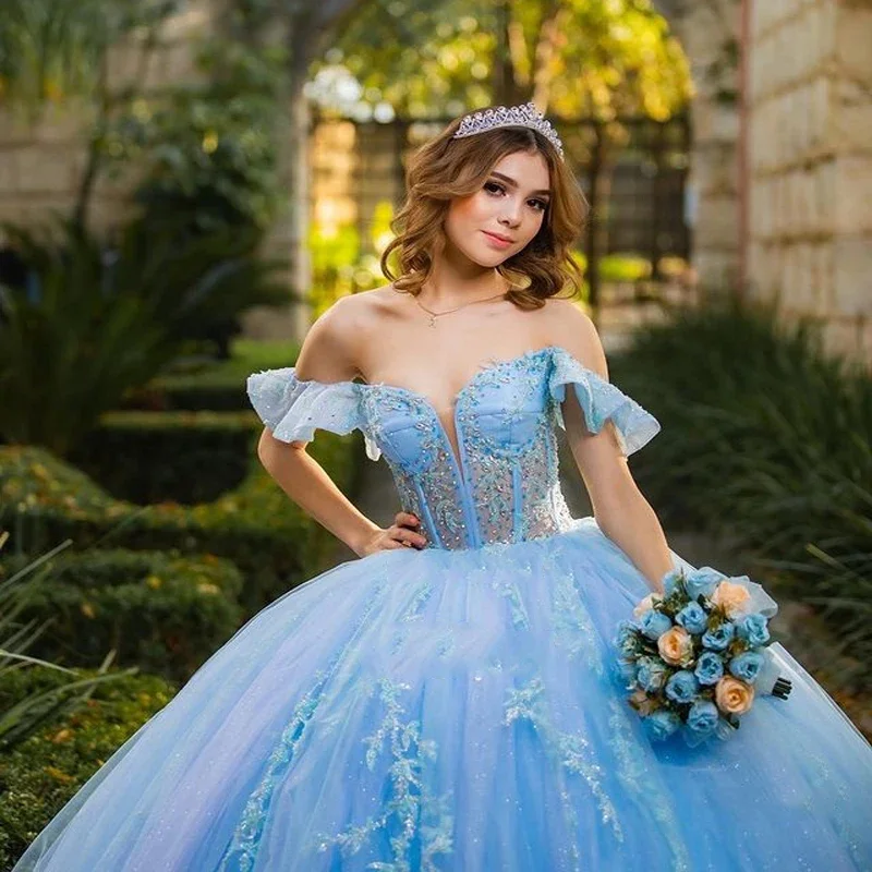 Vestido azul cielo De quinceañera, apliques De cuentas De encaje, diamantes De imitación, vestido De princesa para cumpleaños De 15 Años, 2024