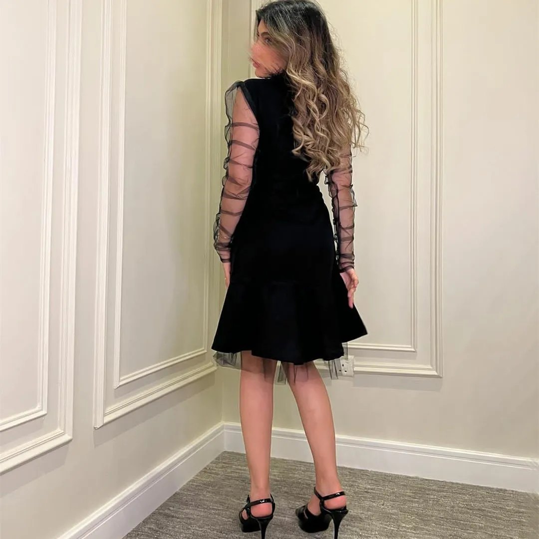 Short Black High Neck Evening Dress With Feather فساتين السهرة A-Line Long Sleeve Tea Length Prom Dress Robe de soirée for Women