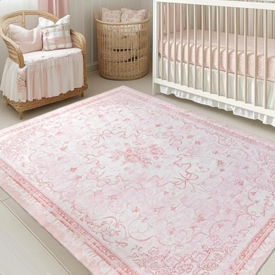 

Pink Rug for Bedroom Girl Nursey 5x7 Bow Dorm Rug for CollegeCute Coquette Teen Room Decor Aesthetic Washable Cottage Core Are
