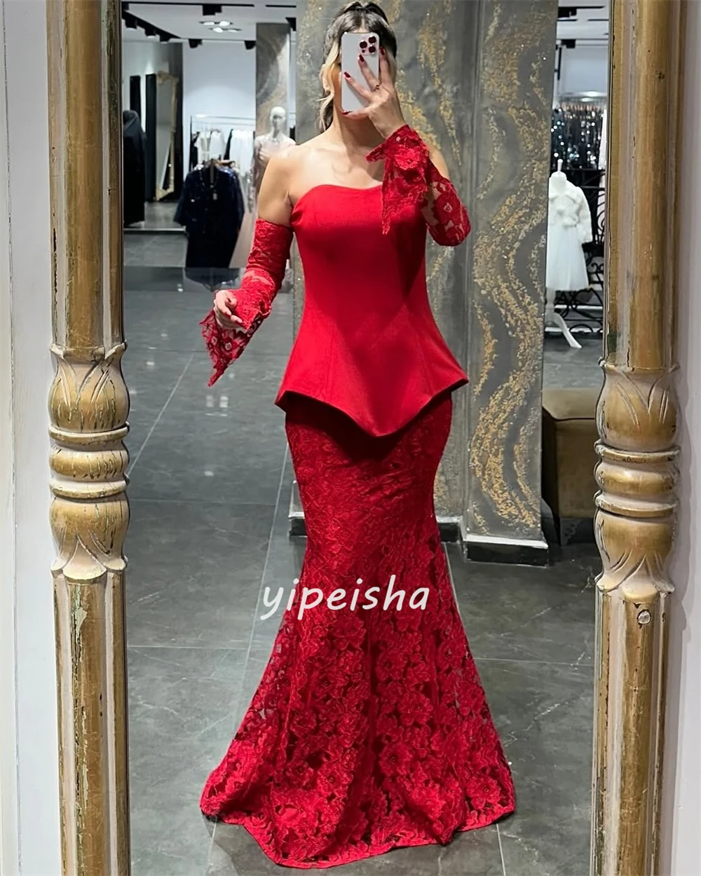 Maßgeschneiderte elegante Mode Spitze geraffte Falte Meerjungfrau trägerlose lange Kleider maßgeschneiderte Anlasskleider moderner Stil klassisch Retro