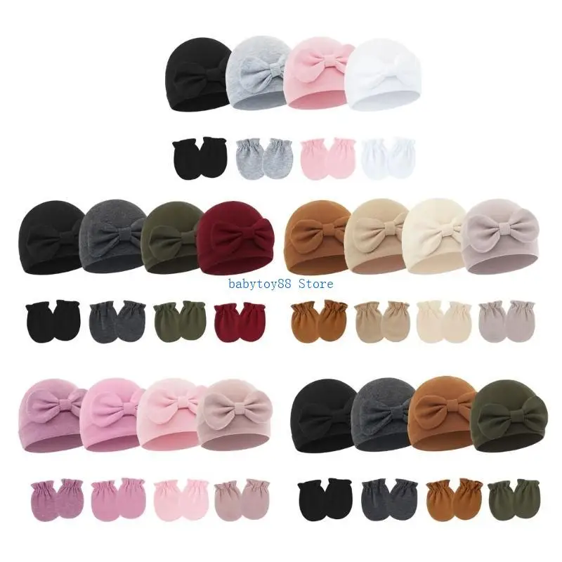 

Y4UD Comfortable Baby Bonnet Lovely Bowknot Decor Hospital Caps Bonnet with Anti-scratch Gloves for Infants 0-6 Months