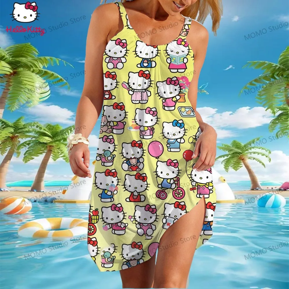 카와이 여성 비치 드레스 헬로 키티 Y2k 2025 여름 슬링 새로운 우아한 청소년 캐주얼 섹시한 패션 편안한 비치 드레스