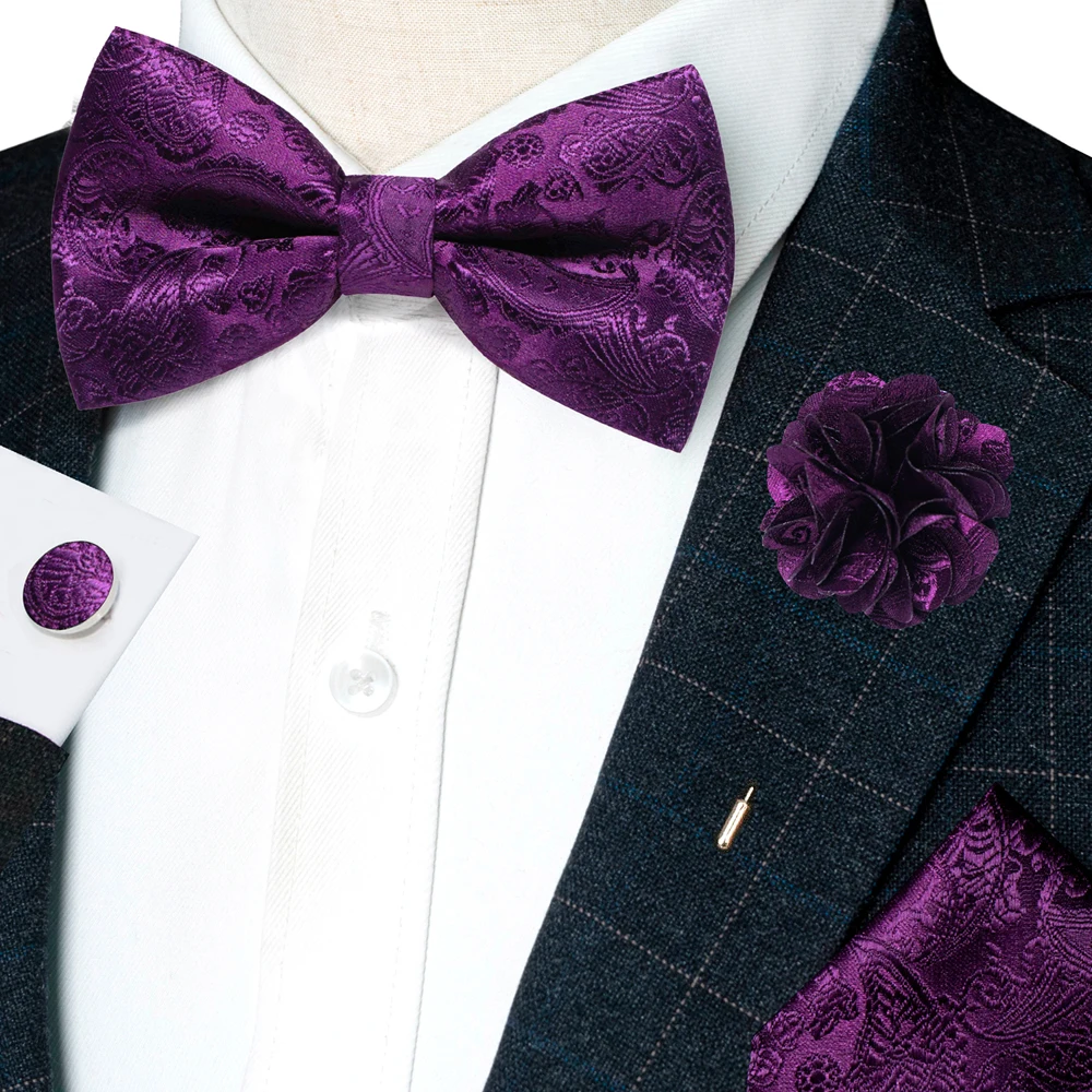 Champagner-Seiden-Jacquard-Paisley-Fliege für Herren, Brosche, Einstecktuch, Manschettenknöpfe-Set, vorgebundene Fliege mit Schmetterlingsknoten für Männer, Hochzeit, Geschäft – Detail 9