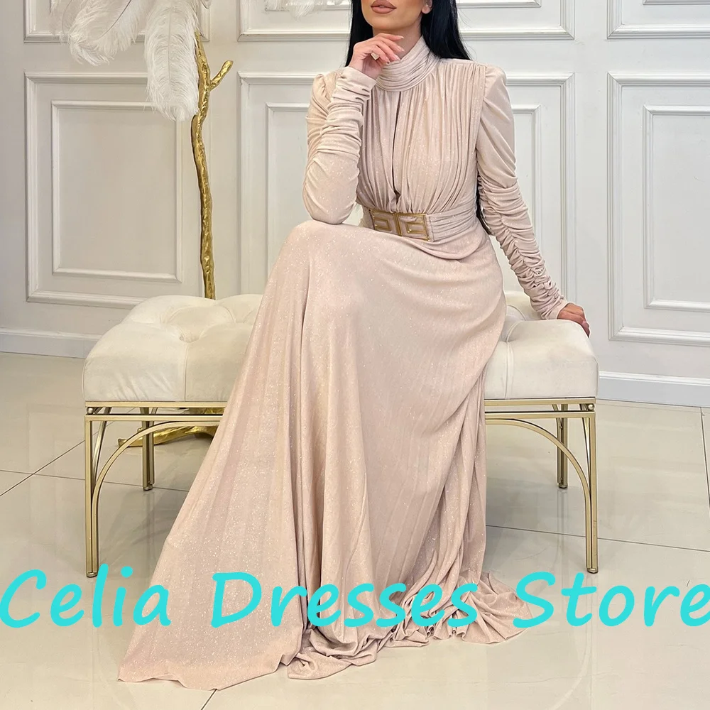 Customized Elegant and Modern High Collar Satin Evening Dresses A-Line Long Sleeves Cut-Out Pleats with Draped Celebrity Gowns