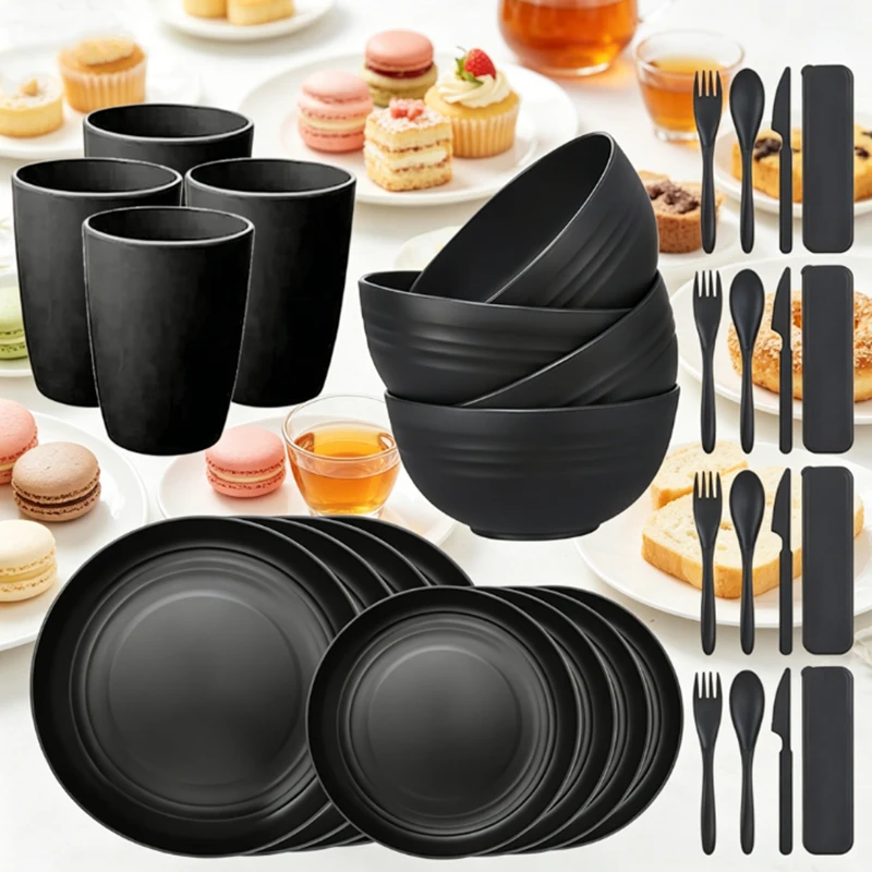 

32-piece set of PP plates, bowls, cups, knives, forks and spoons household tableware set, dishwasher safe.