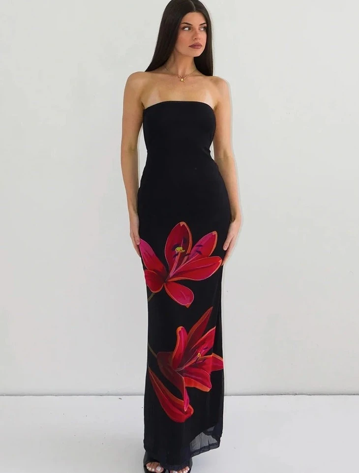 Sleeveless Flower Print Tube Bodycon Midi Dress Backless Lace Up Elegant Sexy Outfit  Autumn Winter