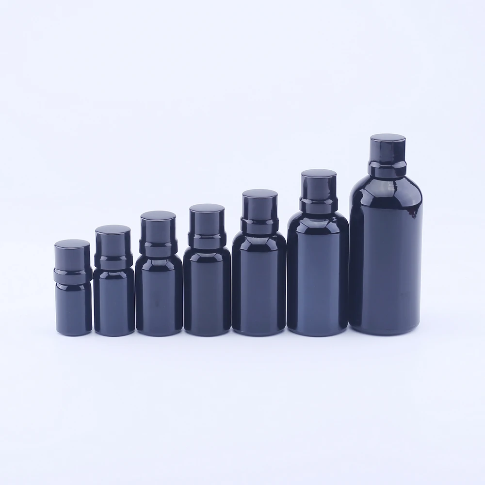 

12pcs 100ml 50ml 30ml 20ml 15ml 10ml 5ml 1/3oz 1oz Thick Black Essential Oil Glass Bottles With Black Cap Glass Containers