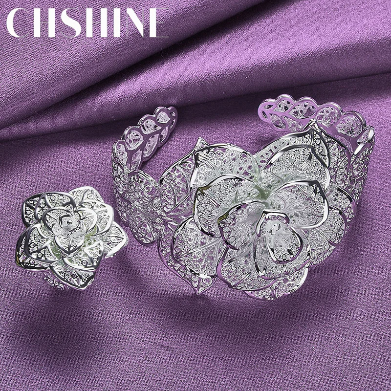 

CHSHINE 925 Sterling Silver Big Flower Bangle Bracelet Ring Fashion Charm Jewelry Set