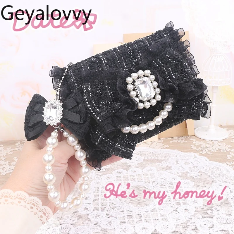 Handmade Japanese Style Sweet Cute Girls Lace Trim Big Bow Wallet Lolita Versatile Beaded Foldable Small Bag Purses